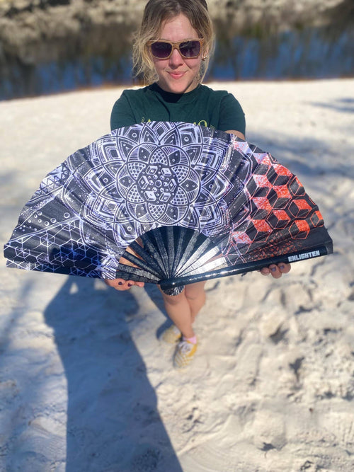 Botanical Sacred Geometry Giant Hand Fan –  Festival Accessory, Hand-Drawn Design by Glenn Thompson, Lightweight & Durable